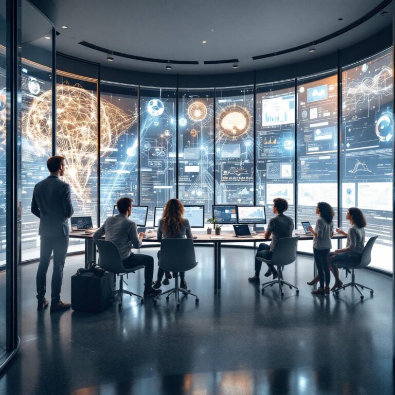 Mark Zuckerberg sitting at a minimalist workstation, casually dressed, mid-video call on a laptop. His screen displays a grid of top AI researchers. The background features ambient lighting and futuristic UI overlays showing AI charts and messaging apps. A caption bubble shows: “Come build superintelligence with me.” The mood is urgent and focused, setting the tone for a high-stakes recruiting mission.
