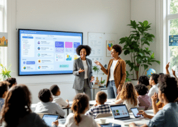 An illustration of a modern classroom where a teacher interacts with students while an AI-powered assistant displays lesson plans on a smartboard, symbolizing collaboration between humans and technology in education.