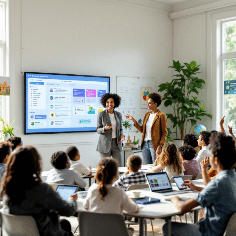 An illustration of a modern classroom where a teacher interacts with students while an AI-powered assistant displays lesson plans on a smartboard, symbolizing collaboration between humans and technology in education.