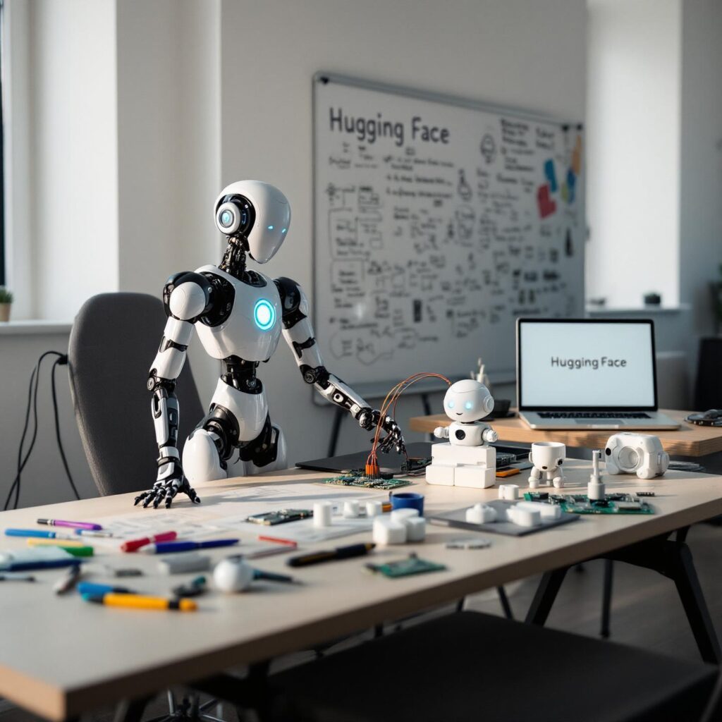 Affordable Open-Source Humanoid Robots A sleek, futuristic humanoid robot stands upright in a minimalist workspace, illuminated by soft, natural light. Its limbs are clearly jointed with visible actuators, and it gestures mid-motion—either reaching for an object or mid-walk. Next to it on a desk is a smaller robot with a rounded head and expressive LED eyes, surrounded by tools, circuit boards, and 3D-printed parts, hinting at DIY customization. Behind them, a whiteboard displays hand-sketched schematics and code snippets, evoking a lab or classroom vibe. In the background, a laptop screen shows the Hugging Face logo alongside code from GitHub. The setting balances accessibility and innovation, suggesting a future where robots are built by everyone—not just tech giants.