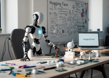 Affordable Open-Source Humanoid Robots A sleek, futuristic humanoid robot stands upright in a minimalist workspace, illuminated by soft, natural light. Its limbs are clearly jointed with visible actuators, and it gestures mid-motion—either reaching for an object or mid-walk. Next to it on a desk is a smaller robot with a rounded head and expressive LED eyes, surrounded by tools, circuit boards, and 3D-printed parts, hinting at DIY customization. Behind them, a whiteboard displays hand-sketched schematics and code snippets, evoking a lab or classroom vibe. In the background, a laptop screen shows the Hugging Face logo alongside code from GitHub. The setting balances accessibility and innovation, suggesting a future where robots are built by everyone—not just tech giants.