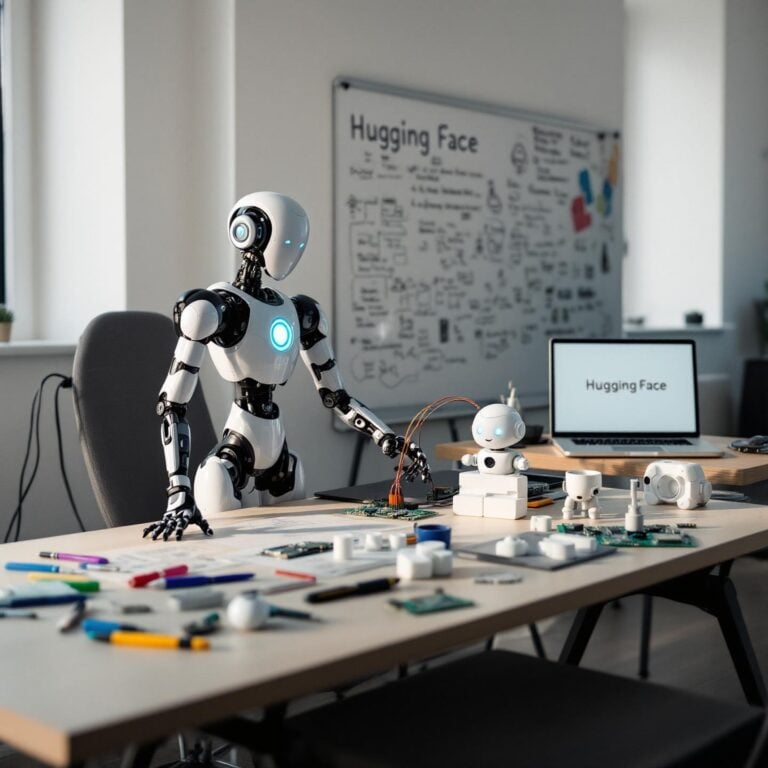 Affordable Open-Source Humanoid Robots A sleek, futuristic humanoid robot stands upright in a minimalist workspace, illuminated by soft, natural light. Its limbs are clearly jointed with visible actuators, and it gestures mid-motion—either reaching for an object or mid-walk. Next to it on a desk is a smaller robot with a rounded head and expressive LED eyes, surrounded by tools, circuit boards, and 3D-printed parts, hinting at DIY customization. Behind them, a whiteboard displays hand-sketched schematics and code snippets, evoking a lab or classroom vibe. In the background, a laptop screen shows the Hugging Face logo alongside code from GitHub. The setting balances accessibility and innovation, suggesting a future where robots are built by everyone—not just tech giants.