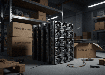 RTX 5090 blower GPU A stack of unbranded RTX 5090 graphics cards with blower-style coolers arranged in a Shenzhen warehouse. The GPUs have dual-slot metal shrouds and exposed turbine fans, hinting at industrial use. Cardboard boxes labeled “RTX5090 32G D7 Turbo” sit nearby, emphasizing the leak’s raw, unofficial nature. The setting is dimly lit, with a workshop or storage room ambiance, reflecting a behind-the-scenes glimpse into the grey-market GPU pipeline fueling AI demand.