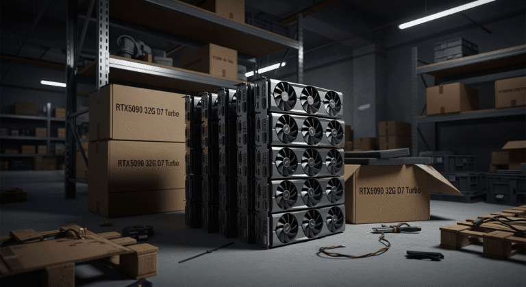 RTX 5090 blower GPU A stack of unbranded RTX 5090 graphics cards with blower-style coolers arranged in a Shenzhen warehouse. The GPUs have dual-slot metal shrouds and exposed turbine fans, hinting at industrial use. Cardboard boxes labeled “RTX5090 32G D7 Turbo” sit nearby, emphasizing the leak’s raw, unofficial nature. The setting is dimly lit, with a workshop or storage room ambiance, reflecting a behind-the-scenes glimpse into the grey-market GPU pipeline fueling AI demand.