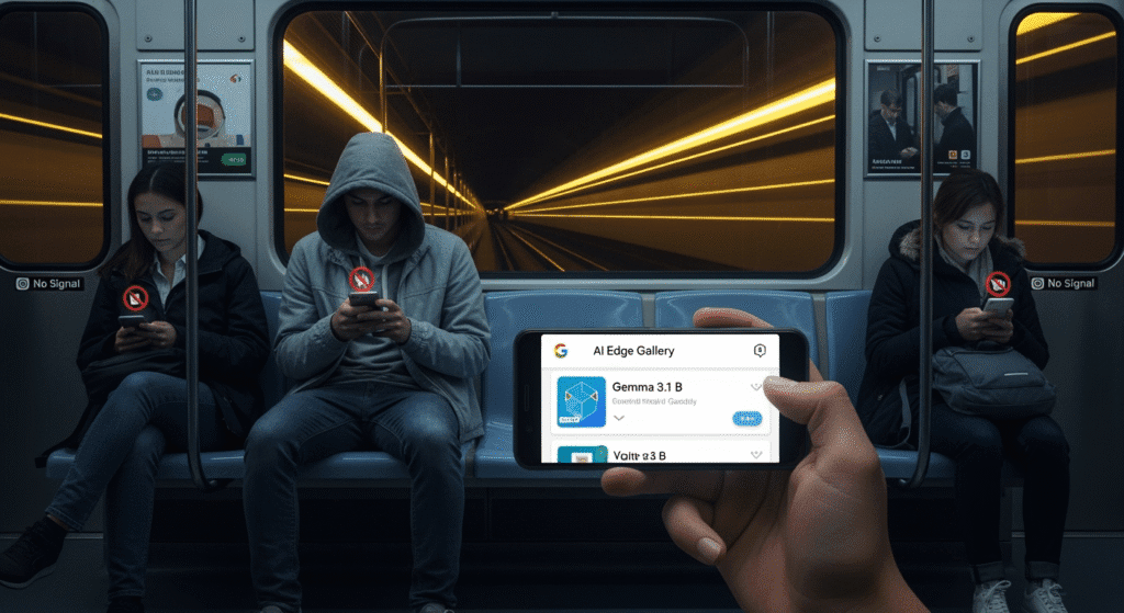 Google Offline AI App A person sitting on a quiet subway train, holding a modern Android phone that displays Google’s “AI Edge Gallery” app. The app screen shows a list of downloadable AI models with one highlighted as “Gemma 3.1 B.” Around the rider, other passengers’ devices show “No Signal” icons, underscoring the offline capability. Soft tunnel lights streak past the window, hinting at speed, while the phone’s screen glows vividly to emphasize on-device processing. The scene captures the freedom of running cutting-edge AI anywhere, even without an internet connection.