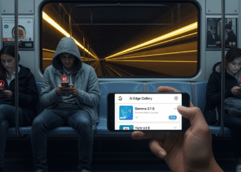 Google Offline AI App A person sitting on a quiet subway train, holding a modern Android phone that displays Google’s “AI Edge Gallery” app. The app screen shows a list of downloadable AI models with one highlighted as “Gemma 3.1 B.” Around the rider, other passengers’ devices show “No Signal” icons, underscoring the offline capability. Soft tunnel lights streak past the window, hinting at speed, while the phone’s screen glows vividly to emphasize on-device processing. The scene captures the freedom of running cutting-edge AI anywhere, even without an internet connection.
