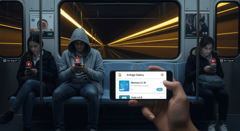 Google Offline AI App A person sitting on a quiet subway train, holding a modern Android phone that displays Google’s “AI Edge Gallery” app. The app screen shows a list of downloadable AI models with one highlighted as “Gemma 3.1 B.” Around the rider, other passengers’ devices show “No Signal” icons, underscoring the offline capability. Soft tunnel lights streak past the window, hinting at speed, while the phone’s screen glows vividly to emphasize on-device processing. The scene captures the freedom of running cutting-edge AI anywhere, even without an internet connection.