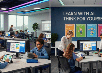 Kids who learn AI will become smarter adults A colorful, futuristic learning space where children aged 8–12 are actively engaging with AI tools. One student types a question into a chatbot on a tablet, while another uses an AI image generator to design a science project. A teacher, smiling, leans over to guide a small group comparing different AI answers on laptops. On the wall behind them, a bold message reads: *“Learn with AI. Think for Yourself.”* The room is bright, full of natural light, with posters promoting curiosity, resilience, and creativity. The overall vibe is energetic, modern, and focused on future-ready education.