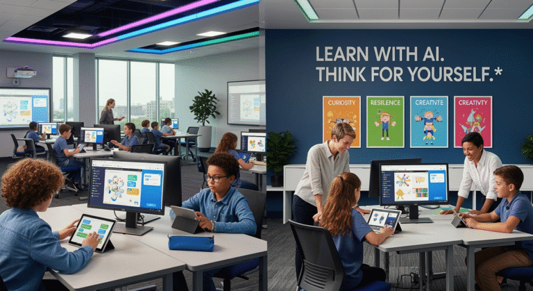 Kids who learn AI will become smarter adults A colorful, futuristic learning space where children aged 8–12 are actively engaging with AI tools. One student types a question into a chatbot on a tablet, while another uses an AI image generator to design a science project. A teacher, smiling, leans over to guide a small group comparing different AI answers on laptops. On the wall behind them, a bold message reads: *“Learn with AI. Think for Yourself.”* The room is bright, full of natural light, with posters promoting curiosity, resilience, and creativity. The overall vibe is energetic, modern, and focused on future-ready education.