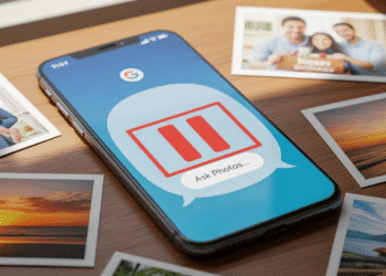A modern smartphone rests on a wooden desk, its screen glowing with the Google Photos interface. In the middle of the display, a semi-transparent Gemini chat bubble shows the prompt “Ask Photos…”—but a bold red “pause” icon (two vertical bars) is stamped over it, signaling the halted rollout. Around the phone, scattered 4×6 photo prints of family birthdays, beach sunsets, and travel snapshots emphasize the personal memories at stake. Soft daylight from a nearby window adds a realistic, relatable ambience, while a faint reflection of the Google “G” logo hovers on the screen to tie the scene back to the company behind the news.