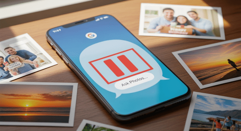 A modern smartphone rests on a wooden desk, its screen glowing with the Google Photos interface. In the middle of the display, a semi-transparent Gemini chat bubble shows the prompt “Ask Photos…”—but a bold red “pause” icon (two vertical bars) is stamped over it, signaling the halted rollout. Around the phone, scattered 4×6 photo prints of family birthdays, beach sunsets, and travel snapshots emphasize the personal memories at stake. Soft daylight from a nearby window adds a realistic, relatable ambience, while a faint reflection of the Google “G” logo hovers on the screen to tie the scene back to the company behind the news.