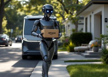 A sleek humanoid robot steps out of a Rivian electric delivery van parked in a quiet suburban neighborhood. The robot, standing upright on two legs, carries a medium-sized Amazon package in its articulated arms. The background features a tree-lined street, a front lawn with garden furniture, and a house with a "smart" doorbell camera. The scene captures the moment mid-delivery, with the robot approaching the porch confidently while the van waits, its side door still open. The atmosphere is bright and futuristic, blending advanced technology with everyday life.