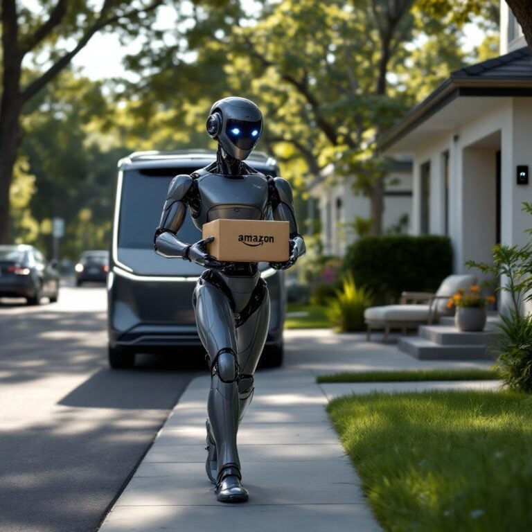 A sleek humanoid robot steps out of a Rivian electric delivery van parked in a quiet suburban neighborhood. The robot, standing upright on two legs, carries a medium-sized Amazon package in its articulated arms. The background features a tree-lined street, a front lawn with garden furniture, and a house with a "smart" doorbell camera. The scene captures the moment mid-delivery, with the robot approaching the porch confidently while the van waits, its side door still open. The atmosphere is bright and futuristic, blending advanced technology with everyday life.
