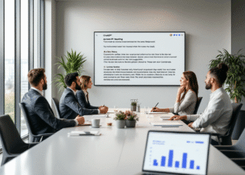 A modern office conference room filled with professionals in a video meeting. On a large screen at the front, ChatGPT's interface is actively transcribing the conversation in real time, showing highlighted action items and speaker labels. Nearby, a laptop screen displays a chat with ChatGPT pulling a chart directly from a connected Google Drive folder. Floating icons of Google Drive, Dropbox, and a microphone hover around the image, symbolizing the integration of cloud storage and voice capture. The overall vibe is sleek, tech-forward, and productivity-focused, with natural lighting and minimalistic décor emphasizing an AI-enhanced work environment.