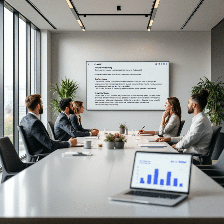 A modern office conference room filled with professionals in a video meeting. On a large screen at the front, ChatGPT's interface is actively transcribing the conversation in real time, showing highlighted action items and speaker labels. Nearby, a laptop screen displays a chat with ChatGPT pulling a chart directly from a connected Google Drive folder. Floating icons of Google Drive, Dropbox, and a microphone hover around the image, symbolizing the integration of cloud storage and voice capture. The overall vibe is sleek, tech-forward, and productivity-focused, with natural lighting and minimalistic décor emphasizing an AI-enhanced work environment.