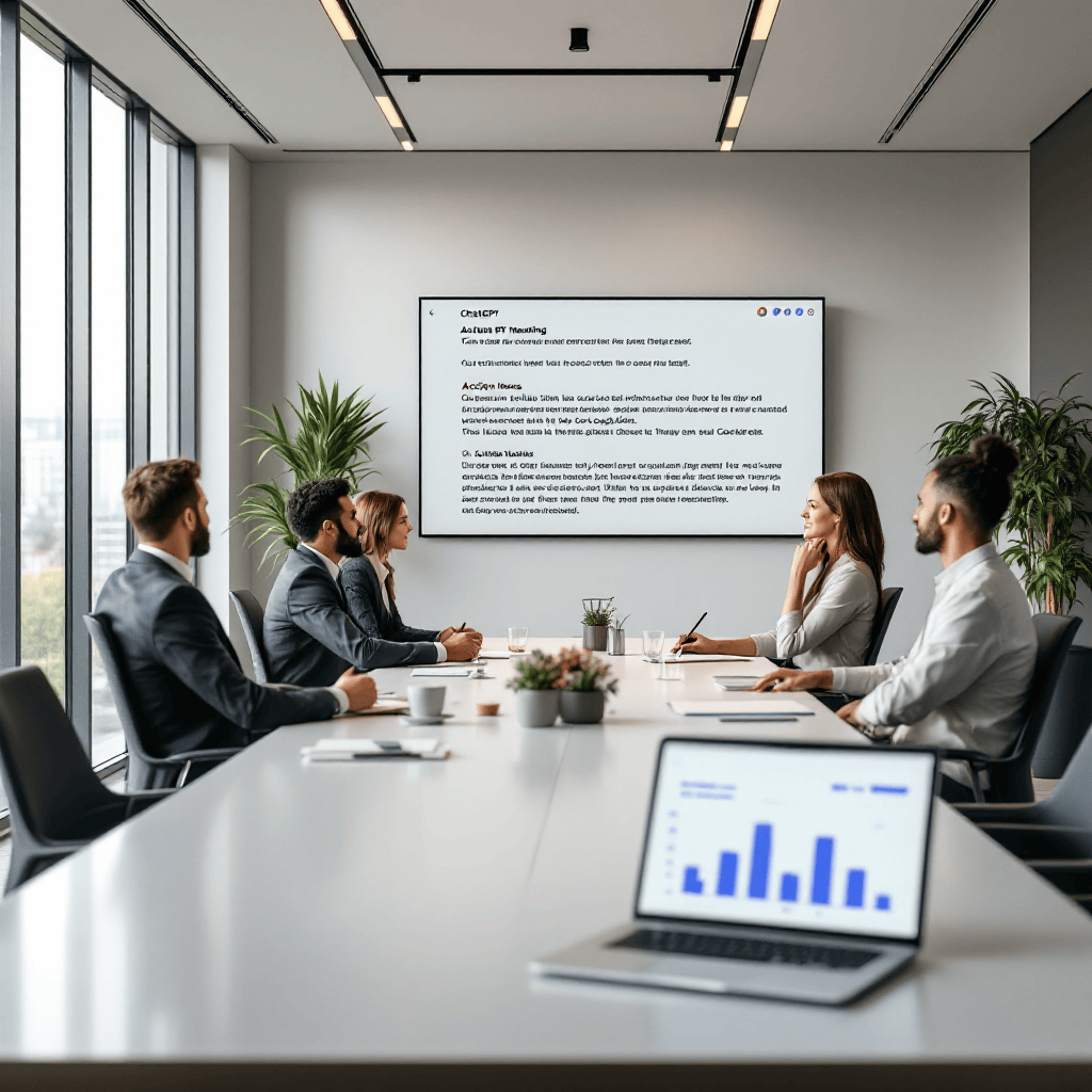 A modern office conference room filled with professionals in a video meeting. On a large screen at the front, ChatGPT's interface is actively transcribing the conversation in real time, showing highlighted action items and speaker labels. Nearby, a laptop screen displays a chat with ChatGPT pulling a chart directly from a connected Google Drive folder. Floating icons of Google Drive, Dropbox, and a microphone hover around the image, symbolizing the integration of cloud storage and voice capture. The overall vibe is sleek, tech-forward, and productivity-focused, with natural lighting and minimalistic décor emphasizing an AI-enhanced work environment.