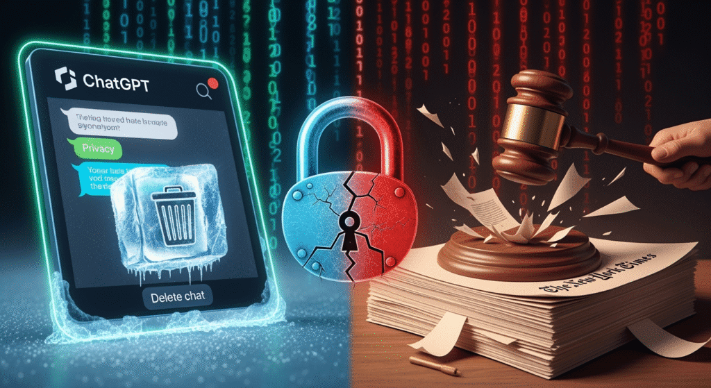 A split-screen illustration: on the left, a glowing ChatGPT chat window whose “Delete chat” trash-can icon is frozen inside a block of ice; on the right, a wooden judge’s gavel slams down on a stack of papers bearing The New York Times masthead. Faint binary code streams behind both halves, symbolizing data. Between the two sides, a cracked padlock hovers, highlighting the clash between user privacy and legal evidence.