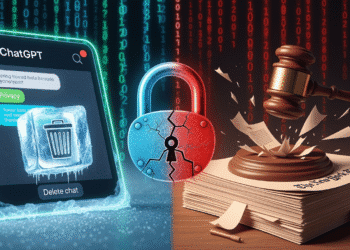 A split-screen illustration: on the left, a glowing ChatGPT chat window whose “Delete chat” trash-can icon is frozen inside a block of ice; on the right, a wooden judge’s gavel slams down on a stack of papers bearing The New York Times masthead. Faint binary code streams behind both halves, symbolizing data. Between the two sides, a cracked padlock hovers, highlighting the clash between user privacy and legal evidence.