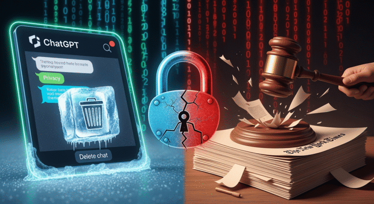 A split-screen illustration: on the left, a glowing ChatGPT chat window whose “Delete chat” trash-can icon is frozen inside a block of ice; on the right, a wooden judge’s gavel slams down on a stack of papers bearing The New York Times masthead. Faint binary code streams behind both halves, symbolizing data. Between the two sides, a cracked padlock hovers, highlighting the clash between user privacy and legal evidence.