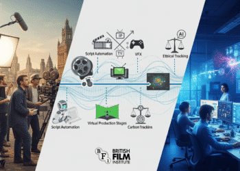 Generative AI in UK film industry A panoramic collage showing the evolution of the UK’s screen industries under the influence of generative AI. On one side, traditional film crews shoot on a London backlot with cameras and lights; on the other, AI developers train models in a high-tech lab with glowing screens and datasets. Between them, a digital timeline flows across the center, featuring key moments like script automation, virtual production stages, and ethical debates. Icons for film, TV, and gaming intersect with terms like “IP,” “VFX,” and “carbon tracking,” symbolizing the convergence of creativity and technology. A bold BFI logo anchors the scene, hinting at policy and cultural leadership.