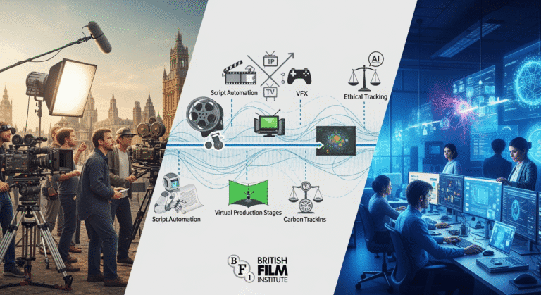 Generative AI in UK film industry A panoramic collage showing the evolution of the UK’s screen industries under the influence of generative AI. On one side, traditional film crews shoot on a London backlot with cameras and lights; on the other, AI developers train models in a high-tech lab with glowing screens and datasets. Between them, a digital timeline flows across the center, featuring key moments like script automation, virtual production stages, and ethical debates. Icons for film, TV, and gaming intersect with terms like “IP,” “VFX,” and “carbon tracking,” symbolizing the convergence of creativity and technology. A bold BFI logo anchors the scene, hinting at policy and cultural leadership.