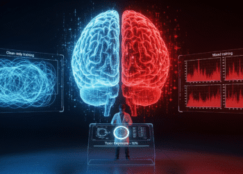 A futuristic AI brain glowing with neural pathways, half composed of clean, blue data streams and the other half laced with red, glitchy toxic patterns. A scientist stands in the middle adjusting a dial labeled "Toxic Exposure – 10%". Behind them, two screens show graphs: one with tangled data (from clean-only training), and one with neatly separated toxic patterns (from mixed training). The scene represents AI safety research, data calibration, and the paradox of “better behavior through exposure.