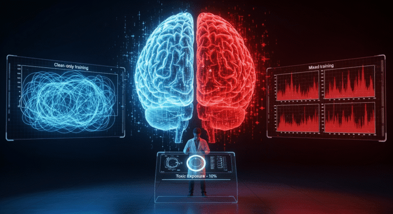 A futuristic AI brain glowing with neural pathways, half composed of clean, blue data streams and the other half laced with red, glitchy toxic patterns. A scientist stands in the middle adjusting a dial labeled "Toxic Exposure – 10%". Behind them, two screens show graphs: one with tangled data (from clean-only training), and one with neatly separated toxic patterns (from mixed training). The scene represents AI safety research, data calibration, and the paradox of “better behavior through exposure.