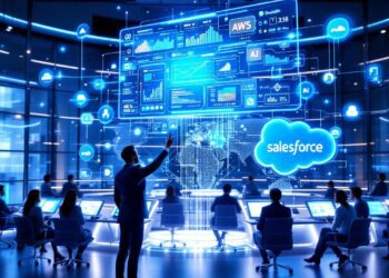 A sleek, futuristic mission control center with holographic dashboards showing AI agent metrics like latency, error rates, and agent activities. A confident business leader gestures toward a screen with graphs and real-time alerts. Background features logos of AWS, Google Cloud, PayPal, and Salesforce interconnected by bright data streams, symbolizing seamless AI integration.