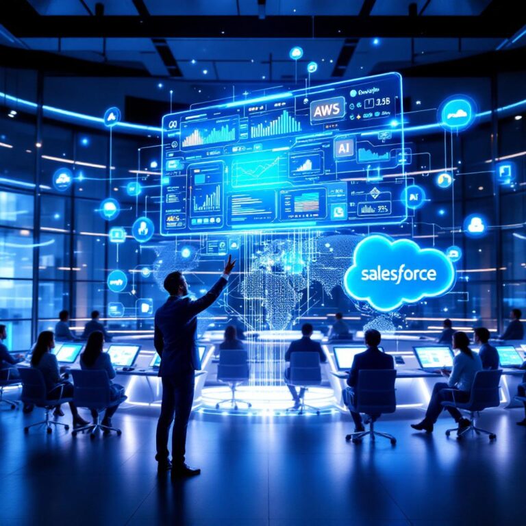 A sleek, futuristic mission control center with holographic dashboards showing AI agent metrics like latency, error rates, and agent activities. A confident business leader gestures toward a screen with graphs and real-time alerts. Background features logos of AWS, Google Cloud, PayPal, and Salesforce interconnected by bright data streams, symbolizing seamless AI integration.
