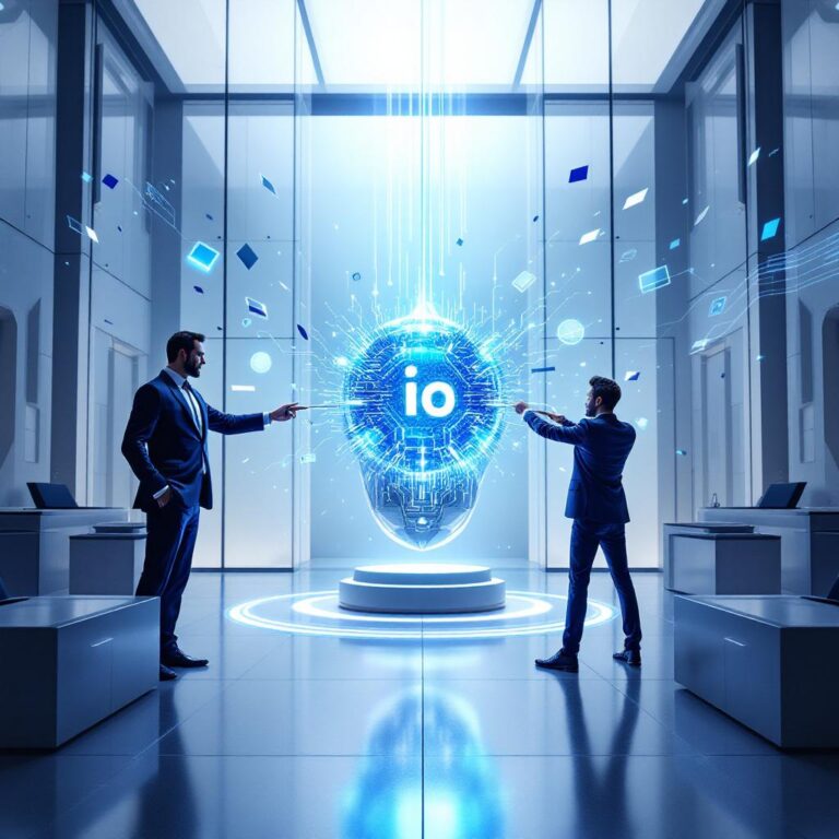 An abstract courtroom scene featuring a futuristic AI device with the “io” logo at the center, symbolizing a legal tug-of-war between a corporate titan and a tech startup.