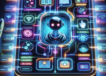 A sleek, futuristic interface on a digital device displays a customizable chatbot being built with natural language prompts. Around it, a user-friendly dashboard labeled "Artifacts" showcases various chatbot apps, some themed for education, business, and gaming. Glowing lines connect icons to imply integration, while Claude AI hovers like a helpful assistant in the background.