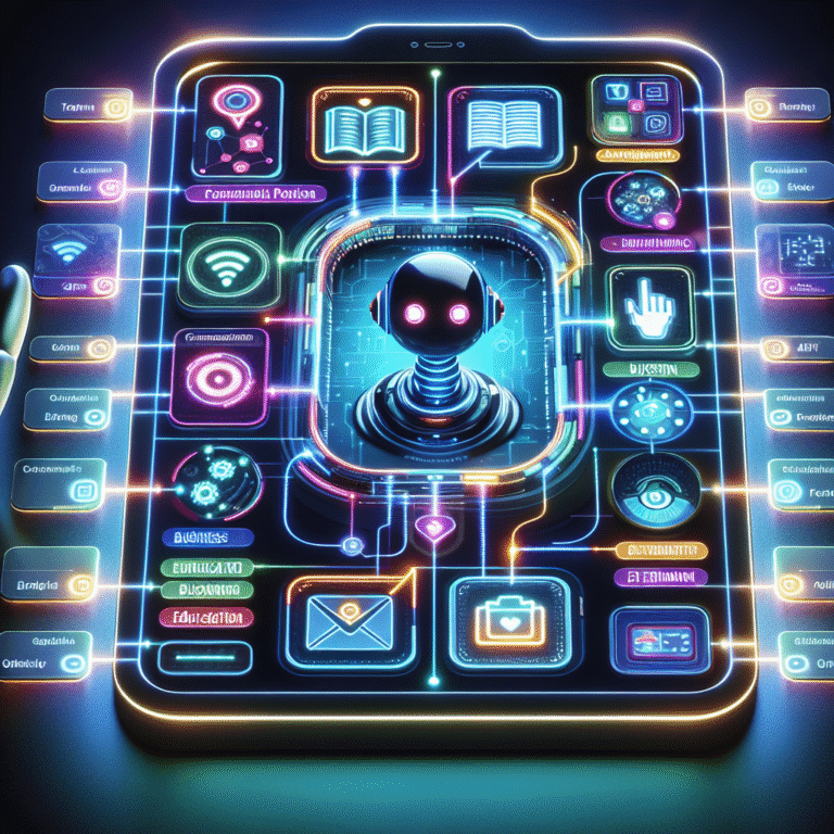 A sleek, futuristic interface on a digital device displays a customizable chatbot being built with natural language prompts. Around it, a user-friendly dashboard labeled "Artifacts" showcases various chatbot apps, some themed for education, business, and gaming. Glowing lines connect icons to imply integration, while Claude AI hovers like a helpful assistant in the background.