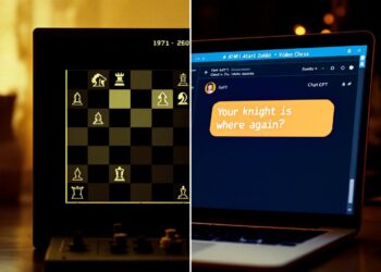 ChatGPT vs Atari Chess A split-screen visual showing a side-by-side comparison: on the left, the pixelated chess interface of the 1977 Atari 2600 “Video Chess” game in action, and on the right, a modern laptop screen displaying the ChatGPT interface mid-conversation about chess. A humorous overlay shows ChatGPT looking confused, with dialogue like “Your knight is where again?” while the Atari side calmly makes a winning move. The background blends retro 70s tech aesthetics with sleek modern UI elements, symbolizing the clash between old-school logic and new-age AI.