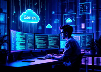 An illustrated scene of a developer at a sleek terminal setup, as vibrant code streams like digital neon down the screen. Hovering beside the terminal is a glowing Gemini logo, representing the AI agent. Cloud icons and flow charts hover in the background, symbolizing open-source connectivity, code generation, and seamless integration across development environments.