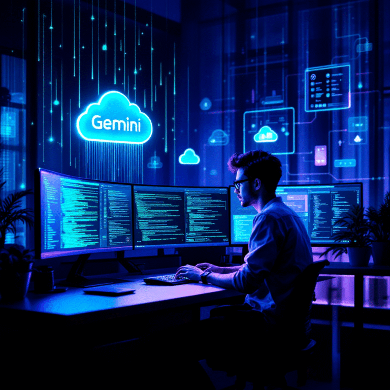 An illustrated scene of a developer at a sleek terminal setup, as vibrant code streams like digital neon down the screen. Hovering beside the terminal is a glowing Gemini logo, representing the AI agent. Cloud icons and flow charts hover in the background, symbolizing open-source connectivity, code generation, and seamless integration across development environments.
