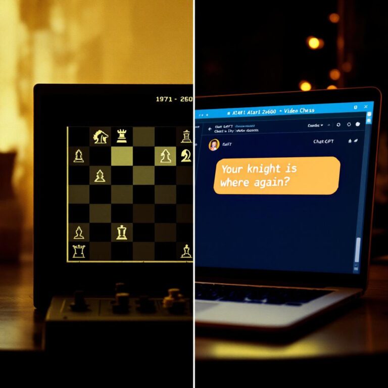 ChatGPT vs Atari Chess A split-screen visual showing a side-by-side comparison: on the left, the pixelated chess interface of the 1977 Atari 2600 “Video Chess” game in action, and on the right, a modern laptop screen displaying the ChatGPT interface mid-conversation about chess. A humorous overlay shows ChatGPT looking confused, with dialogue like “Your knight is where again?” while the Atari side calmly makes a winning move. The background blends retro 70s tech aesthetics with sleek modern UI elements, symbolizing the clash between old-school logic and new-age AI.