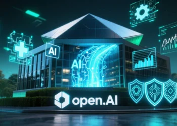 An artistically rendered scene depicting a digital, futuristic Pentagon building, glowing with streams of data and artificial intelligence symbols flowing into it from a prominent, sleek OpenAI logo. Surrounding the building are symbolic representations of defense applications: healthcare icons, data analysis charts, and cybersecurity shields. The overall aesthetic conveys cutting-edge innovation, strategic collaboration, and the ethical complexities surrounding AI in military use, set against a backdrop of subtle blues and deep greens to evoke technological advancement and security.