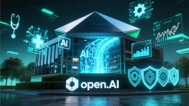An artistically rendered scene depicting a digital, futuristic Pentagon building, glowing with streams of data and artificial intelligence symbols flowing into it from a prominent, sleek OpenAI logo. Surrounding the building are symbolic representations of defense applications: healthcare icons, data analysis charts, and cybersecurity shields. The overall aesthetic conveys cutting-edge innovation, strategic collaboration, and the ethical complexities surrounding AI in military use, set against a backdrop of subtle blues and deep greens to evoke technological advancement and security.