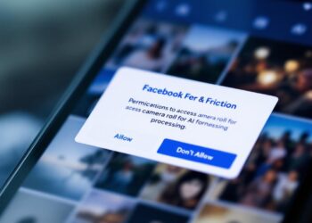 Meta AI camera roll privacy A smartphone screen shows a pop-up inside the Facebook app asking for permission to access and process the user’s entire camera roll. The background displays a gallery of private photos blurred for privacy. The atmosphere conveys tension between convenience and invasion of privacy, highlighting Meta’s new feature’s controversial nature.