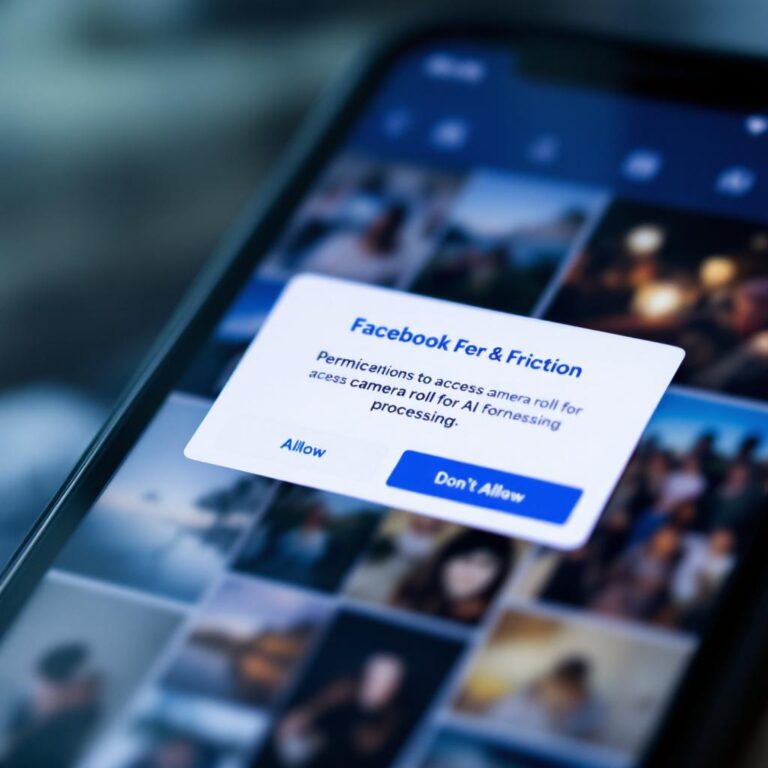 Meta AI camera roll privacy A smartphone screen shows a pop-up inside the Facebook app asking for permission to access and process the user’s entire camera roll. The background displays a gallery of private photos blurred for privacy. The atmosphere conveys tension between convenience and invasion of privacy, highlighting Meta’s new feature’s controversial nature.