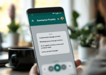 A smartphone screen showing a WhatsApp group chat, with a new banner reading “Summarize Privately” at the top. An AI-generated bulleted summary appears below it, neatly condensing dozens of unread messages. The background suggests a calm home or office environment, symbolizing efficiency and tech-forward communication.