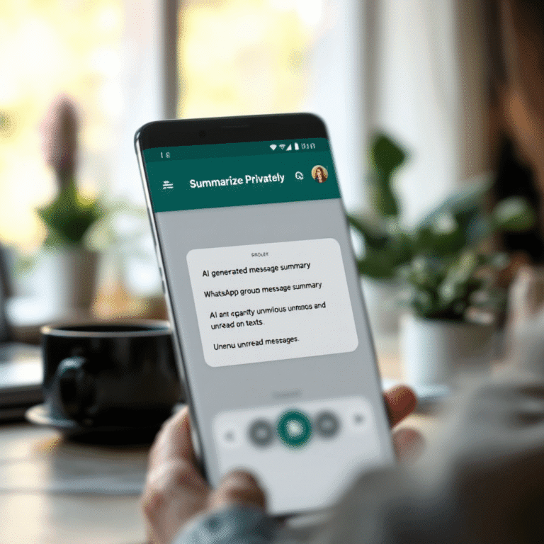 A smartphone screen showing a WhatsApp group chat, with a new banner reading “Summarize Privately” at the top. An AI-generated bulleted summary appears below it, neatly condensing dozens of unread messages. The background suggests a calm home or office environment, symbolizing efficiency and tech-forward communication.