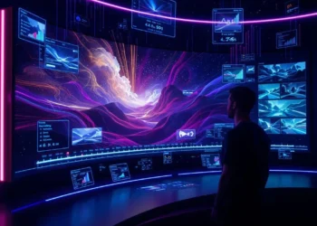 A sleek, futuristic digital art studio environment with a glowing interface showing a static image being transformed into a vivid, animated video. A creator—partially silhouetted—watches as the AI interface animates a surreal landscape filled with morphing clouds, shifting light, and flowing textures. Holographic elements hover in the air, showing animation controls and GPU stats. In the background, screens display side-by-side comparisons of Midjourney’s AI-generated clips and those from other tools like Runway and Sora. The scene captures the fusion of creativity and technology, with vibrant colors, motion trails, and a dreamlike aesthetic that reflects Midjourney's signature style.