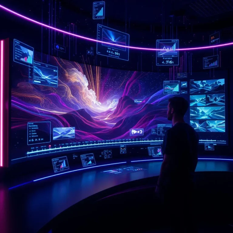 A sleek, futuristic digital art studio environment with a glowing interface showing a static image being transformed into a vivid, animated video. A creator—partially silhouetted—watches as the AI interface animates a surreal landscape filled with morphing clouds, shifting light, and flowing textures. Holographic elements hover in the air, showing animation controls and GPU stats. In the background, screens display side-by-side comparisons of Midjourney’s AI-generated clips and those from other tools like Runway and Sora. The scene captures the fusion of creativity and technology, with vibrant colors, motion trails, and a dreamlike aesthetic that reflects Midjourney's signature style.