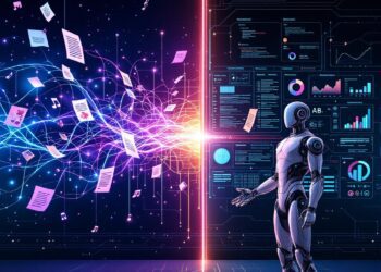 A conceptual illustration split into two halves: The left side showcases a glowing neural network generating vibrant content like text, images, code, and music notes — symbolizing Generative AI's creative capabilities. The right side features a humanoid robot navigating a digital dashboard, making autonomous decisions, and managing dynamic environments — representing Agentic AI's goal-driven autonomy. A sleek circuit line connects both halves, hinting at the emerging convergence of the two paradigms.