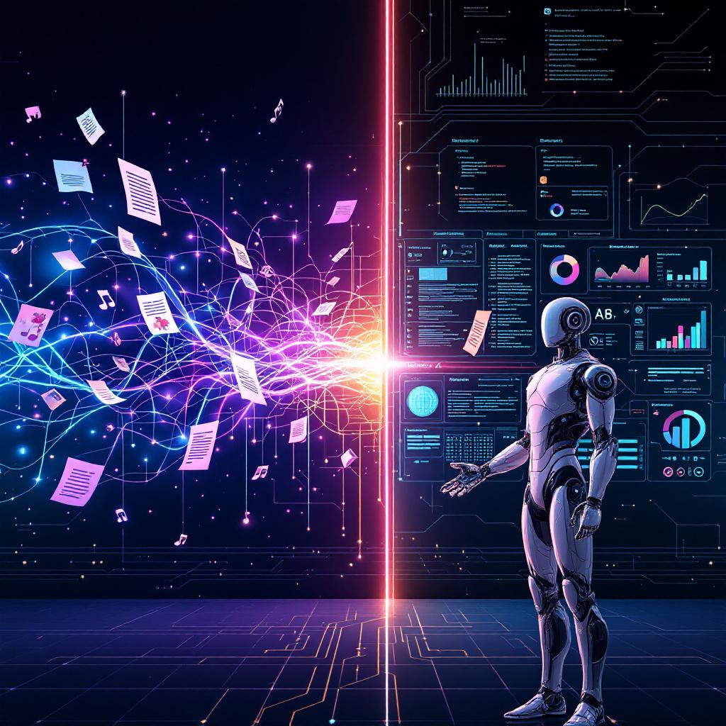 A conceptual illustration split into two halves: The left side showcases a glowing neural network generating vibrant content like text, images, code, and music notes — symbolizing Generative AI's creative capabilities. The right side features a humanoid robot navigating a digital dashboard, making autonomous decisions, and managing dynamic environments — representing Agentic AI's goal-driven autonomy. A sleek circuit line connects both halves, hinting at the emerging convergence of the two paradigms.