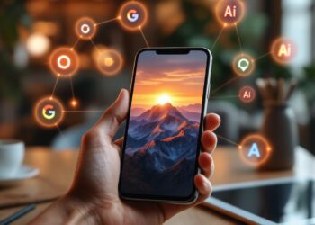 A sleek smartphone held in one hand, displaying the Adobe Firefly mobile app interface. The screen shows an AI-generated image being created from a text prompt like "sunset over mountains." Around the phone, glowing digital icons represent various AI models (OpenAI, Google, Adobe, Luma AI, etc.), connected in a web-like structure. The background features a creative workspace — coffee shop ambiance, a tablet on the table, and a laptop in the distance — symbolizing seamless multi-device workflow. Subtle overlays hint at photo and video editing tools in action, emphasizing the app’s versatility.