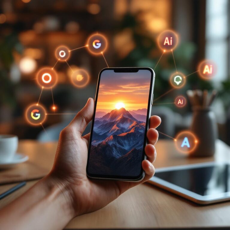 A sleek smartphone held in one hand, displaying the Adobe Firefly mobile app interface. The screen shows an AI-generated image being created from a text prompt like "sunset over mountains." Around the phone, glowing digital icons represent various AI models (OpenAI, Google, Adobe, Luma AI, etc.), connected in a web-like structure. The background features a creative workspace — coffee shop ambiance, a tablet on the table, and a laptop in the distance — symbolizing seamless multi-device workflow. Subtle overlays hint at photo and video editing tools in action, emphasizing the app’s versatility.