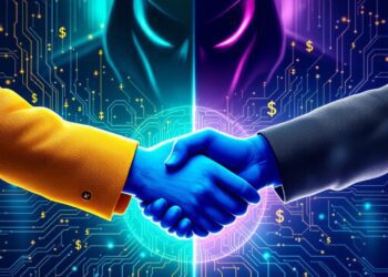 A split-screen digital illustration showing OpenAI's ChatGPT icon shaking hands with Google Cloud's TPU hardware, while Microsoft's Azure cloud looms ominously in the background. Circuit patterns flow across the image, representing the AI chip war. Dollar signs and stock market charts subtly fade into the corners, symbolizing the financial stakes. The atmosphere is tense but vibrant, capturing the clash of tech titans over the future of AI hardware.