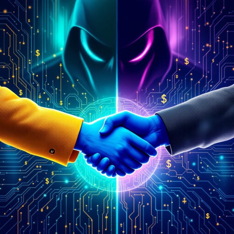 A split-screen digital illustration showing OpenAI's ChatGPT icon shaking hands with Google Cloud's TPU hardware, while Microsoft's Azure cloud looms ominously in the background. Circuit patterns flow across the image, representing the AI chip war. Dollar signs and stock market charts subtly fade into the corners, symbolizing the financial stakes. The atmosphere is tense but vibrant, capturing the clash of tech titans over the future of AI hardware.